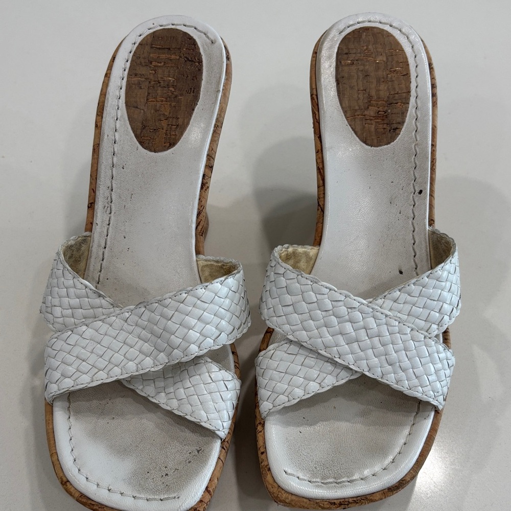 Stuart Weitzman White Woven Cork Wedge Slide Sandals- Size 8 Excellent Condition